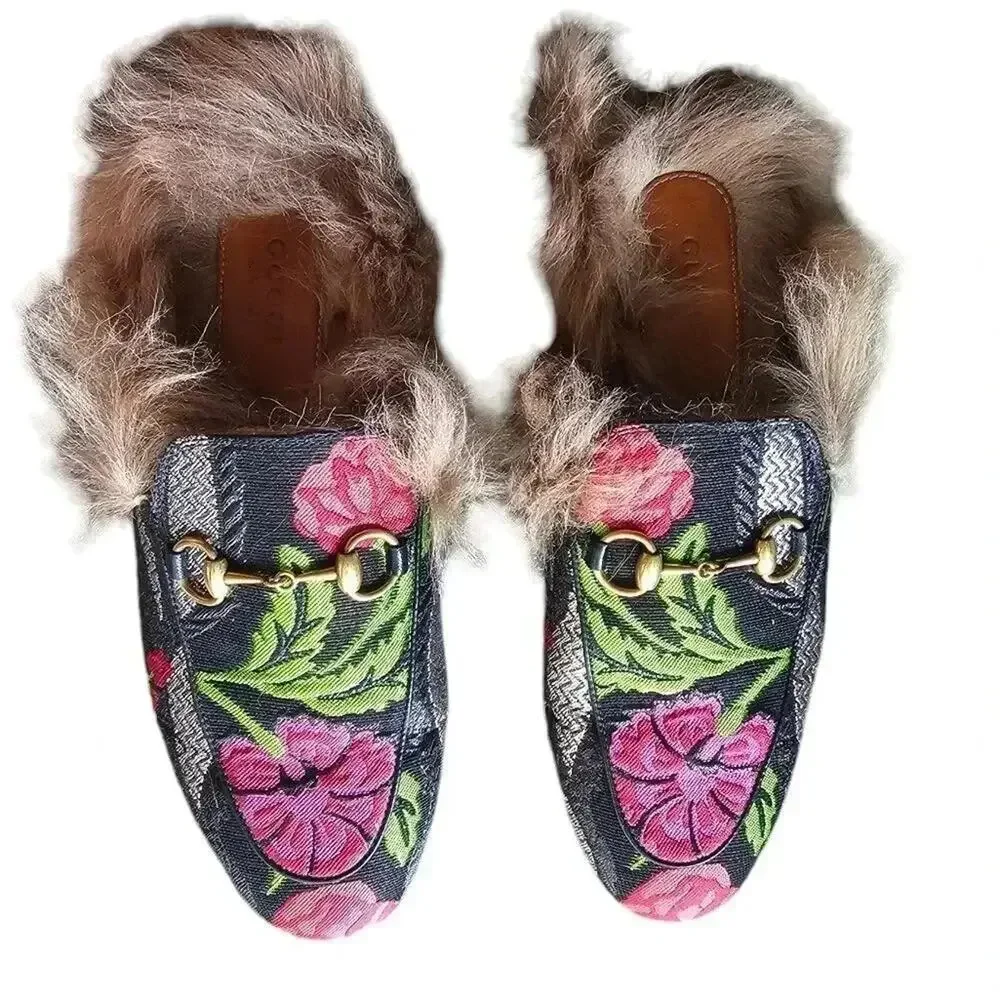 GUCCI Black Floral Brocade Jacquard FUR Princetown Slippers‎ Loafers Size 5.5 - Picture 8 of 13